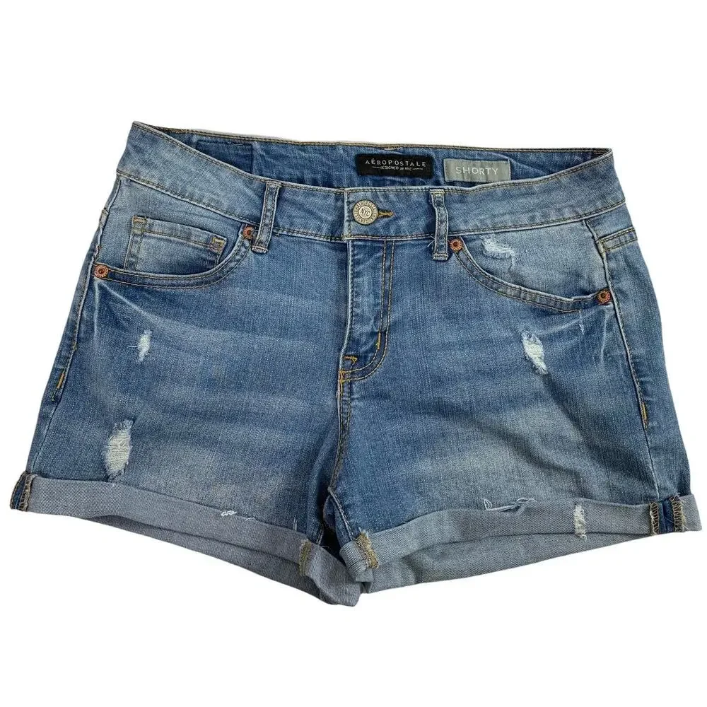Womens Jean Shorts Size 6 Shorty Distressed Destroyed Denim Roll‎ Cuff Jorts